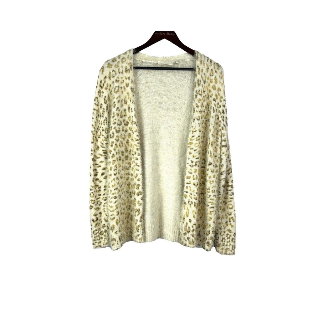 Cynthia Rowley Womens Sz M Cream Open Cardigan Sweater Soft Fuzzy Leopard H3
